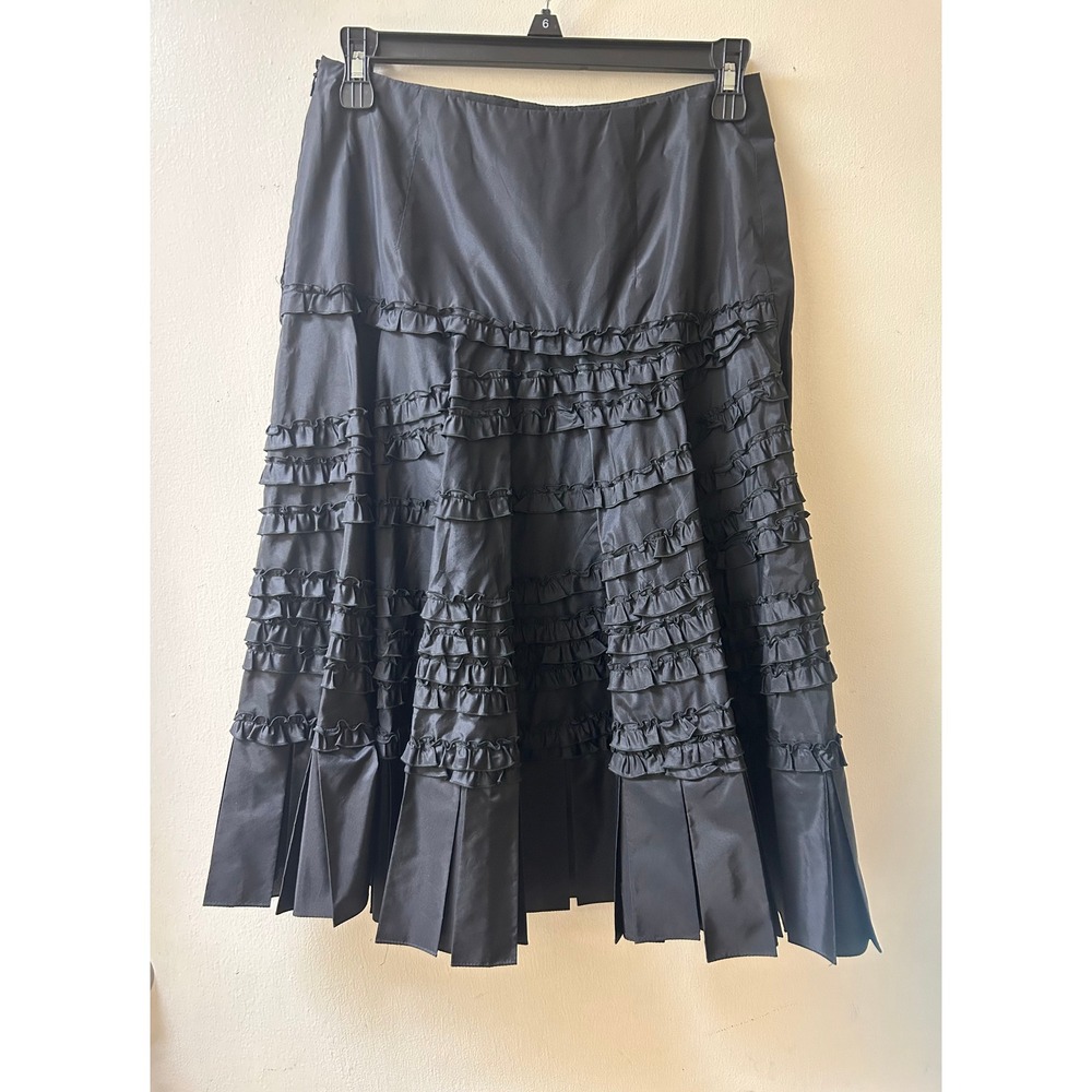 Vintage Valentino Black Taffeta Ruffle Tiered Pleated Midi Skirt Made in Italy
